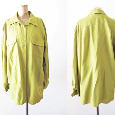 90s Womens Lime Green Button Up Shirt M L - Deadstock Unworn  Vintage 1990s Bright Neon Green Collared Long Sleeve Baggy Shirt 