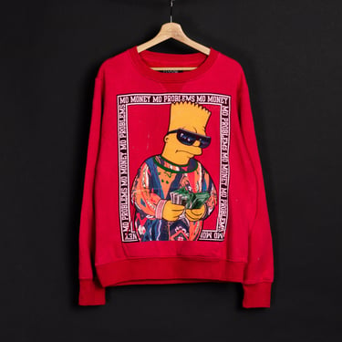 Notorious BIG Bart Simpson "Mo Money Mo Problems" Sweatshirt - Men's Large, Women's XL | Vintage Red Streetwear Cartoon Graphic Pullover 