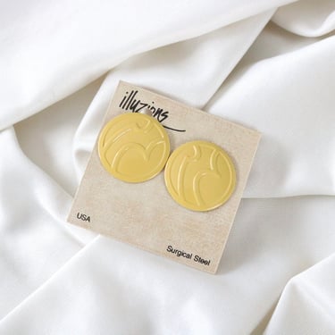 dandelion disc earrings - vintage 80s 90s womens metal enamel gold golden yellow circle post pierced earrings jewelry 