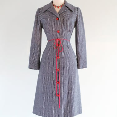 Vintage 1960's Navy & Red Wool Tweed Dress Coat by Helga Couture / M