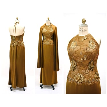 Vintage 90s 2000s Silk Evening Gown Dress Olive Green Brown Medium Silk Lace Halter Neck Dress Melinda Eng// Lace Silk Halter Dress Shawl 