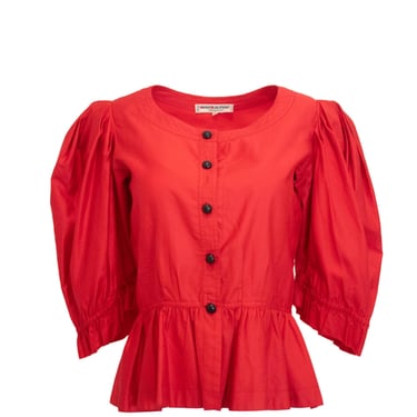 Saint Laurent Rive Gauche Vintage Red Cotton Button Down Peasant Blouse 