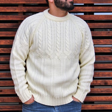 Preppy Sweater, Vintage 1970s VanCort Pullover Sweater, Cream Acrylic Knit, XL Men 