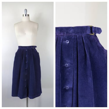 Vintage 1980s skirt midi corduroy cotton wide wale button front purple high waist preppy size large 