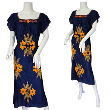 Volup 1970's Navy Blue Orange Embroidered Poly Mexican Belted Muumuu Dress I Sz Lrg 