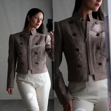 GIORGIO ARMANI Brown Heathered Crop Military Style Jacket w/ Metallic Fleck & Wooden Buttons | Made in Italy | Y2K ARMANI Designer Jacket 