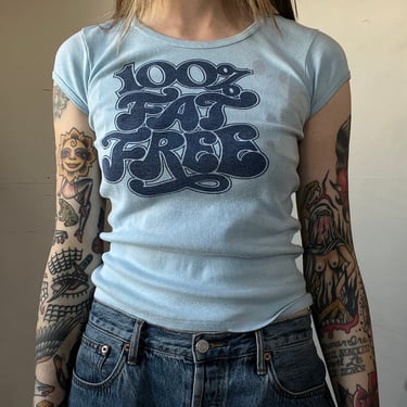 Sm, 1970s 100% Fat Free T-shirt, Baby Blue, Funny, L 