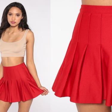 80s Tennis Skirt Red Pleated Mini Skirt High Waisted Mini School Girl Skirt Preppy Plain Retro Vintage 1980s High Waist Nerd Extra Small XS 