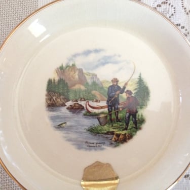 Vintage Lovely  Pair of Prince William Pottery China Trinket Dishes gold trim - Currier and Ives Fishing  Hunting Scene- Great Condition 