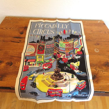 Vintage Piccadilly Circus London Linen Tea Towel 1950's Souvenir 