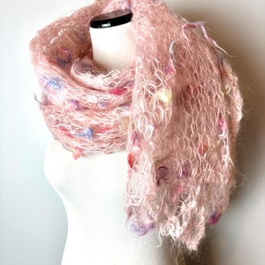 Vintage Hairy Mohair knit scarf~ Extra long & extra wide shawl style neck scarf~ pale pink pastel colors~ crocheted knit fall/ winter 