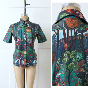 vintage 1970s forest creatures blouse • short sleeve novelty print polyester button up shirt 