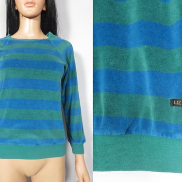Vintage 80s Liz Claiborne Teal And Blue Striped Velour Top Union Label Made In USA Size S/M 