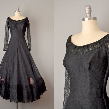 30s Dress // 1930’s Lace Gown w/ Layered Skirt & Pink Ribbon Details // S 