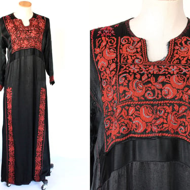 1920-1930s Traditional Palestinian Liquid Satin Thobe with Hand Embroidered Flowers - Floor Length Gown 