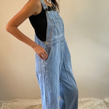 90s Gap denim overalls / vintage light stone wash faded soft blue jean denim baggy cropped Gap bib overalls | Large 