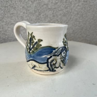 Vintage studio art pottery mug nudes signed holds 8 oz 