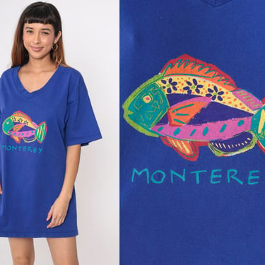 90s Monterey California T-Shirt Dress Tropical Fish Dress Indigo Blue Mini V Neck Graphic Retro Tee Beach Cover Up 1990s Small Medium Large 