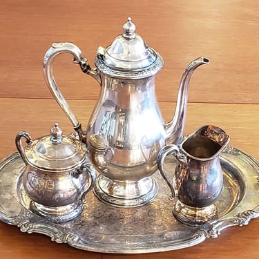 Item #NL8 Vintage Silver-Plate Coffee Pot, Creamer, Sugar & Platter c.1950