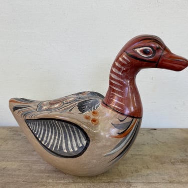 Vintage Tonala Duck, Burnished, Hand Painted, Floral Design, Lake House, Cabin, Rustic Southwestern, Duck Lovers, Taupe, Rust, Blue Gray 