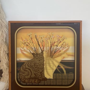 Free Shipping Within Continental US - Vintage Framed and Signed Mid Century Artwork by Virgil Thrasher shadow Box Cat 
