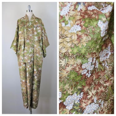 Vintage kimono, robe, dressing gown, lingerie, lounge, fall leaves, leaf print, jacket, coat, osfm 