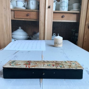 Beautiful vintage French lacquered pencil box with graphic of a classroom in 1950 