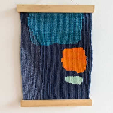 Abstract Wall Weaving / Hanging - Navy Blue, Green, Orange, Mint - Modern Woven Tapestry in Wooden Holder - Handwoven Weave - Textile Art 