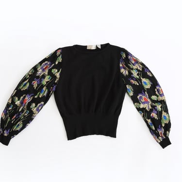 90s Evan Picone black merino wool gold floral lurex sweater blouse 