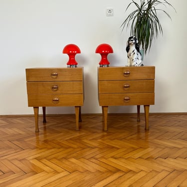 Pair of Vintage Wooden Nightstands / Mid Century Bedside Tables with three Drawers / Bedroom Furniture / Yugoslavia / 1960s 