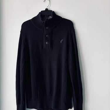 Y2K VTG American Eagle Sweater Button Neck Black 100% Cotton Logo Preppy Men’s Medium 