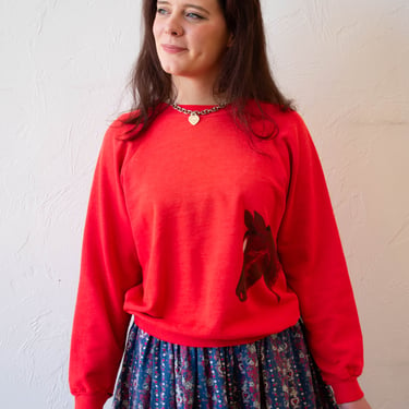 Vintage 1970s/80s Red Sweatshirt with Hand-Painted Horse S/M/L