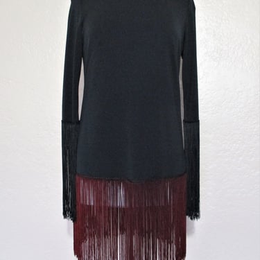 Vintage 1970s Miss Elliette Tunic Top, black stretch knit, black and burgundy fringe, Medium Women 