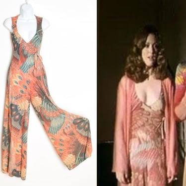 vintage 70s jumpsuit BOOGIE NIGHTS John Kloss Cira peacock print disco outfit XS clothing 