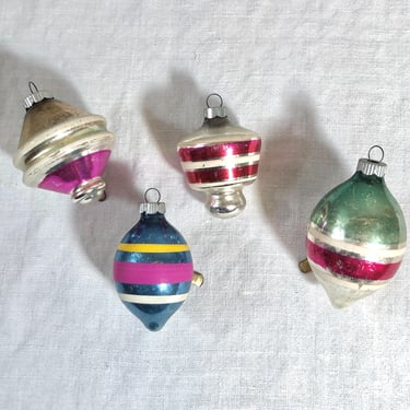 4 Chippy, Glass, Mid Century Modern Christmas Ornaments - Shiny Brite, Mint Silver Blue with White Pink Stripes, Oval Lantern Atomic Shapes 