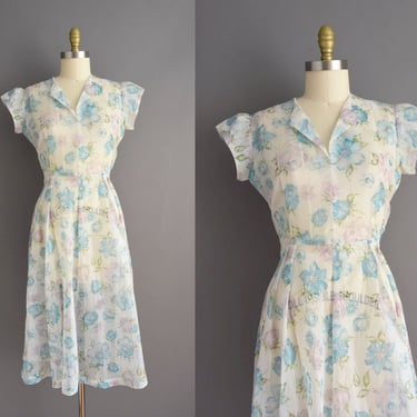 vintage 1950s dress | Adorable Blue Floral Print Semi Sheer Full Skirt Summer Dress | Medium | 50s vintage dress 
