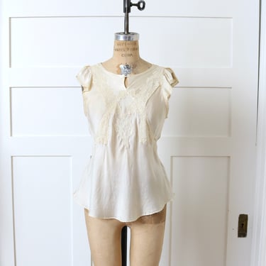 vintage 1930s silk lingerie top • ivory lace flutter sleeve pajama blouse with empire waist fit 