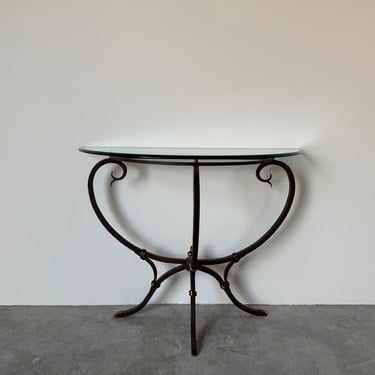 Vintage Italian Hand Forged Iron and Brass Demilune Console Table W/ Glass Top 