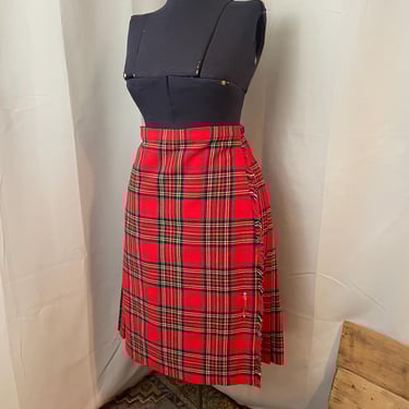 Plaid Skirt Kilt Wool Royal Stewart Tartan Tweed 1960s Red Wrap Scotland L 