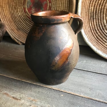 Antique Pottery Jug, 19th C Terra Cotta Pot, Earthenware, Redware, Partial Slip Glaze, Rustic European Farmhouse 