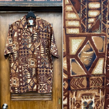 Vintage 1960’s -Deadstock- Size L/XL Tapa Tiki Cotton Mod Loop Collar Hawaiian Shirt, 60’s Coin Button Shirt, Vintage Clothing 