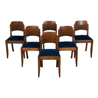 1950s French Art Deco Maple Dining Chairs W/ Dark Blue Velvet - Set of 6 