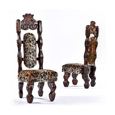 Pair of Restored Vintage Witco Hand-Carved High-Back Rustic Throne Chairs in Faux Leopard Fur 