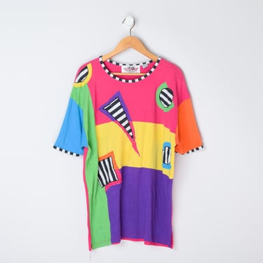 Vintage 80s Abstract Colorblock T-Shirt - eighties, oversized, pink, purple, striped, neon - Women's One Size 