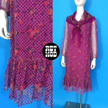 Lovely Vintage 70s 80s Purple Floral Dress by Kohler Collection with Matching Scarf 