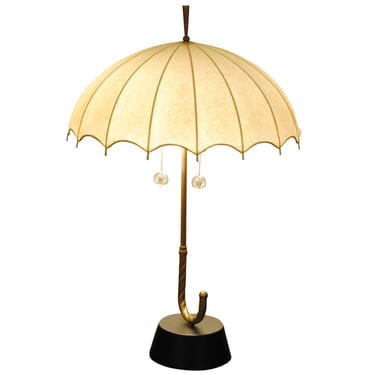Vintage Brass and Hide Shade Umbrella-Form Table Lamp 