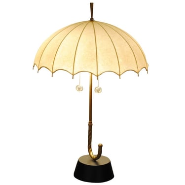Vintage Brass and Hide Shade Umbrella-Form Table Lamp 
