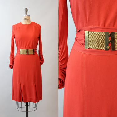 1930s RED RAYON gold buckle belt dress small | new fall 