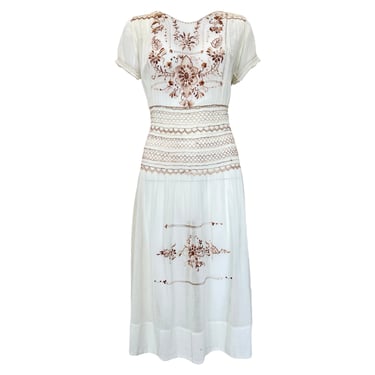 1920's Hungarian Hand Embroidered and Smocked Cotton Voile Dress - OLDBS