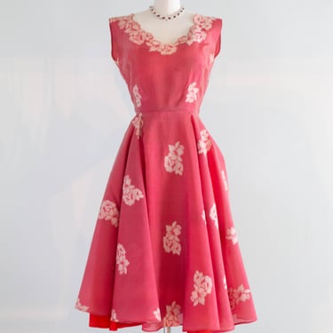 Stunning 1950's Camellia Red Silk Cocktail Dress / Small